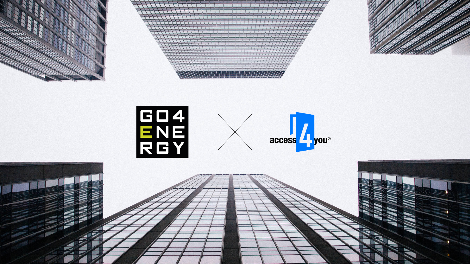 Fekete és fehér alapon látszódó felhőkarcolók között a Go4Energy és az Access4you logója látszik.